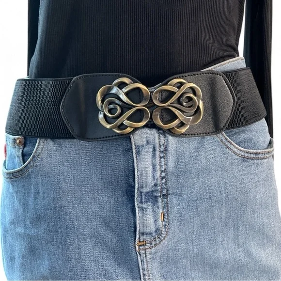 Wide Black Stretch Front Clip Belt Brushed Gold Accent Buckle Size Large - Picture 12 of 12